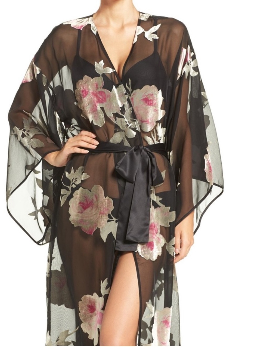 Natori Sheer Black/Floral Kimono-style Robe